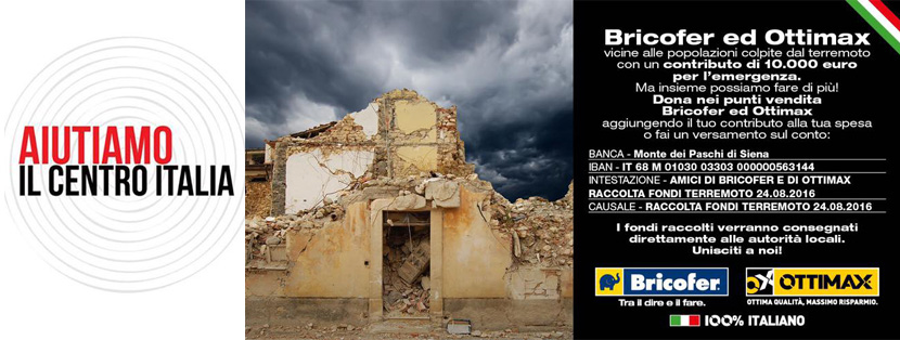 Ottimax e Bricofer in prima linea per la raccolta fondi per il terremoto del centro Italia