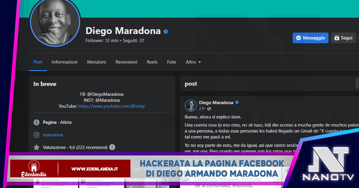 Violato dagli hacker il profilo social di Maradona: l’immagine del Pibe scambiata con Pelè
