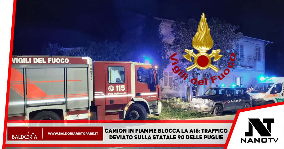 Camion in fiamme blocca la A16: traffico deviato sulla Statale 90 delle Puglie