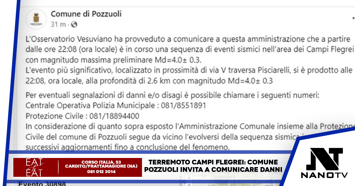 Terremoto a Napoli, Campi Flegrei: Il Comune di Pozzuoli invita a comunicare eventuali danni