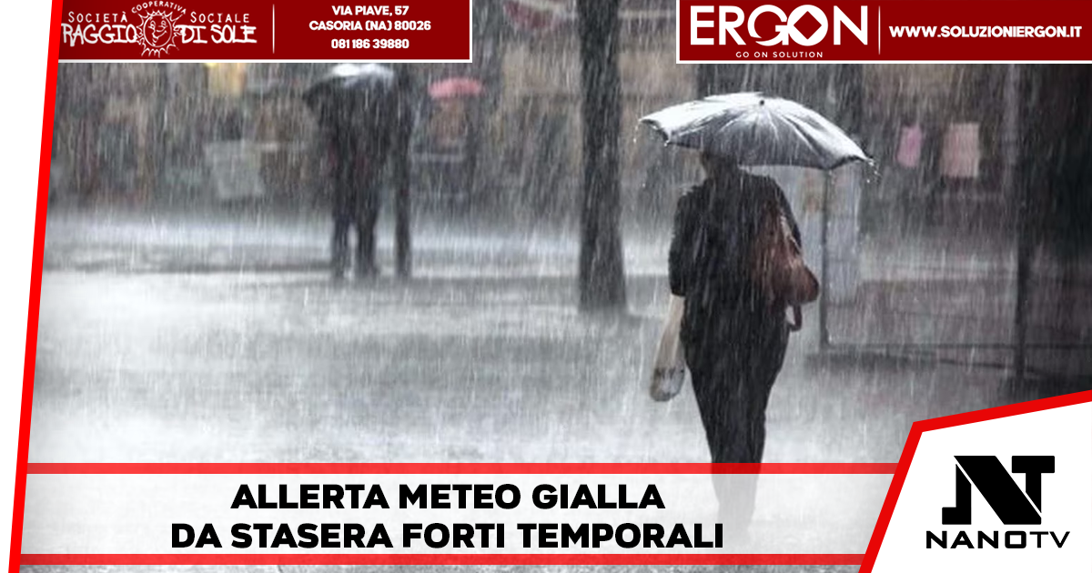 Allerta meteo di livello giallo in Campania: Forti piogge e temporali dalle 20 di stasera fino alle 20 di domani