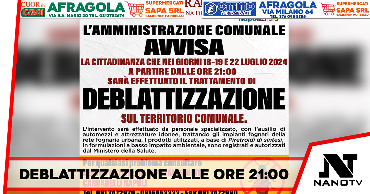Afragola – Interventi straordinari di deblattizzazione il 18, 19 e 22 Luglio, le parole del Sindaco Antonio Pannone