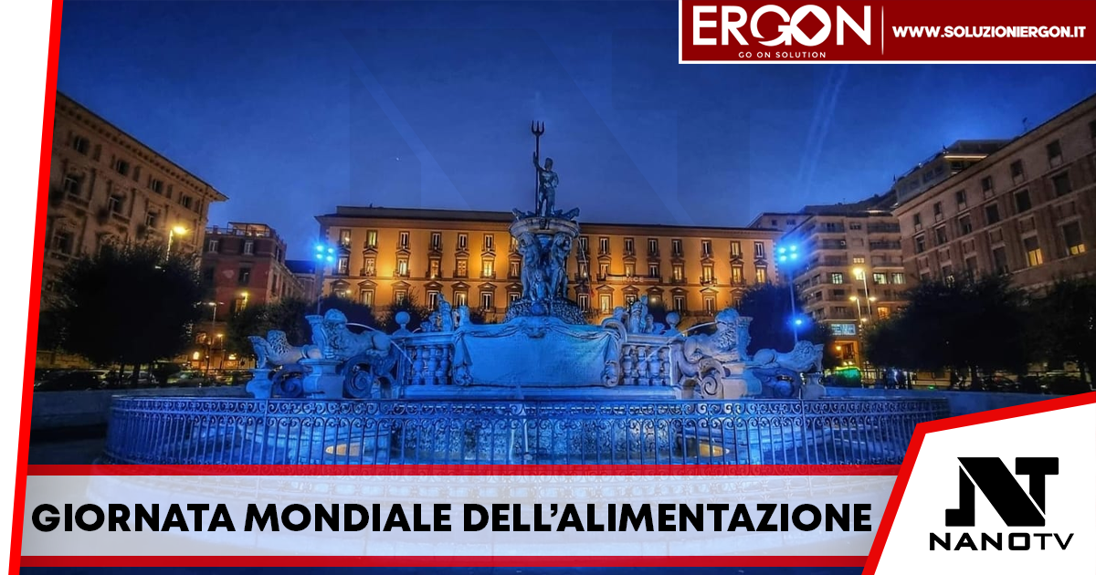 Giornata mondiale dell’alimentazione – La fontana del Nettuno si tinge di blu per un accesso equo al cibo per tutti