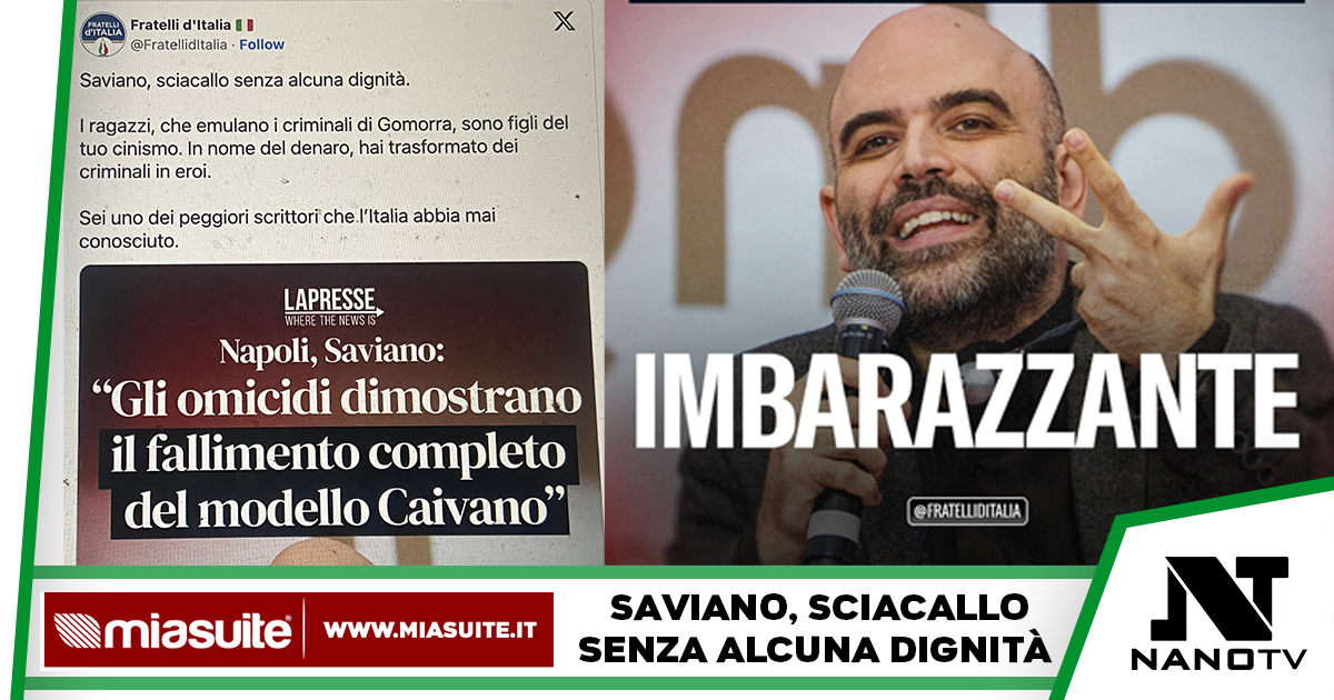 Il tweet di insulti di Fratelli d’Italia contro Roberto Saviano