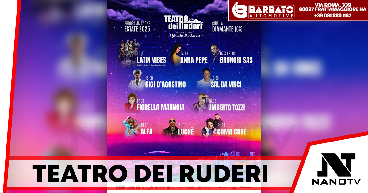 Cartellone 2025 del Festival del Teatro dei Ruderi di Diamante: da Sal Da Vinci a Luchè, passando per Brunori Sas e Fiorella Mannoia