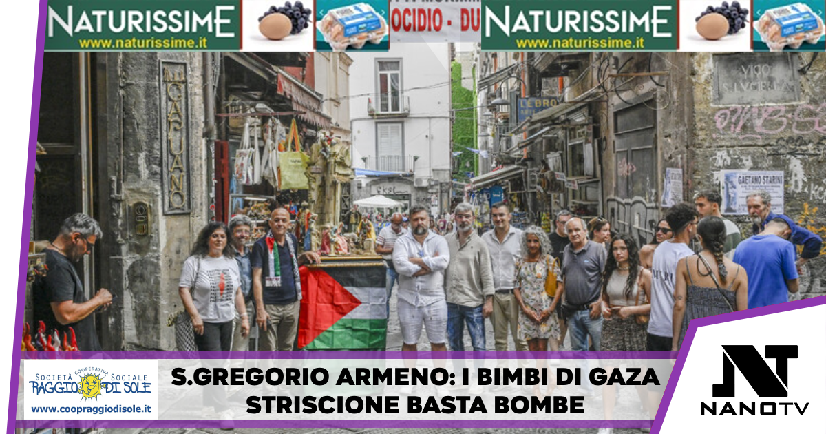 S.Gregorio Armeno con i bimbi di Gaza, striscione basta bombe