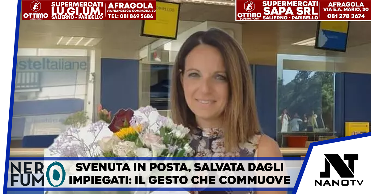 NAPOLI – Anziana si sente male all’ufficio postale, salvata dai dipendenti: torna con un mazzo di fiori per ringraziarli