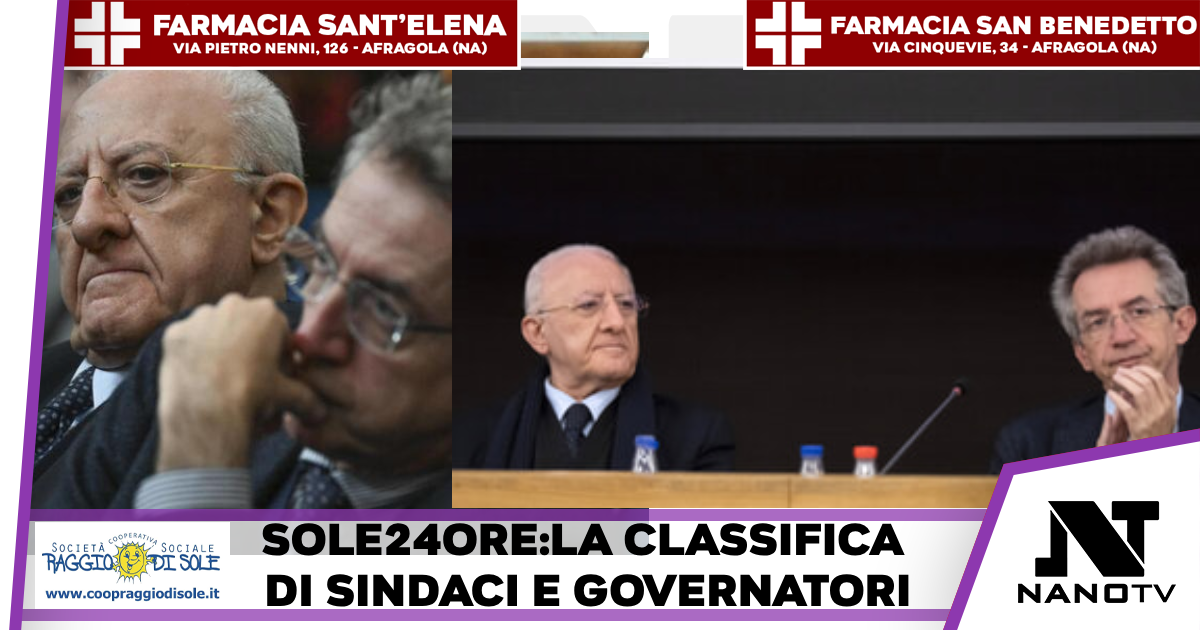 Classifica Sole 24ore:Manfredi 3° sindaco più amato d’Italia, De Luca 7° presidente di Regione: