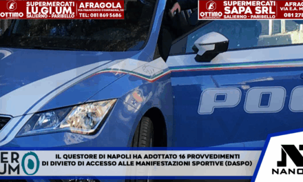 Il Questore di Napoli ha adottato 16 provvedimenti di divieto di accesso alle manifestazioni sportive (DASPO), istruiti e predisposti dalla Divisione Polizia Anticrimine della Questura.