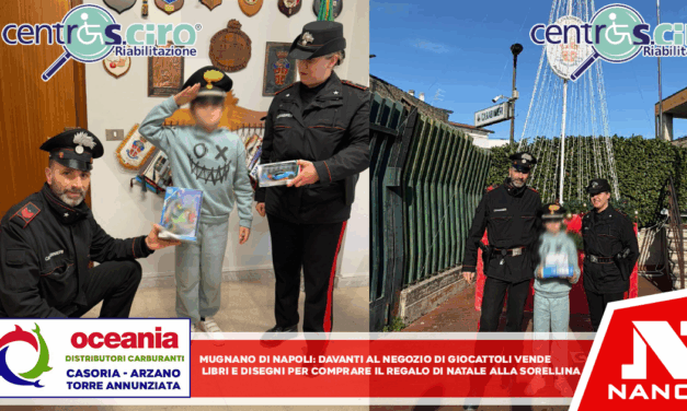 Mugnano di Napoli: Davanti al negozio di giocattoli vende libri e disegni per comprare il regalo di Natale alla sorellina.