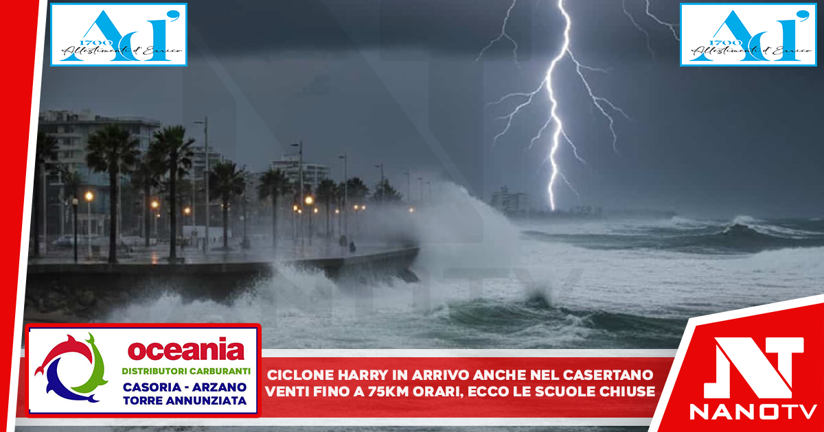 Ciclone Harry in arrivo anche sul casertano. Venti fino a 75 km orari: ecco le scuole chiuse