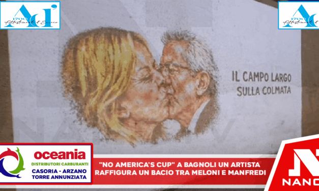 No America’s Cup’, a Bagnoli un artista raffigura un bacio tra Meloni e Manfredi Performance dell’australiano Ineos a sostegno delle proteste