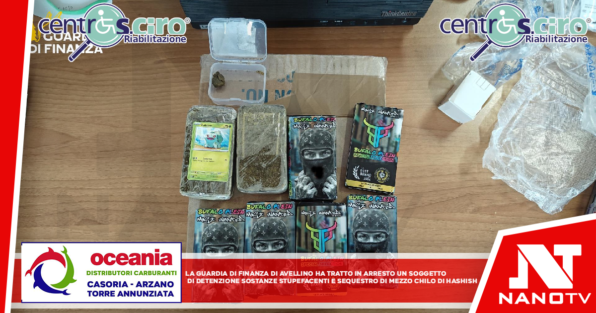 la Guardia di Finanza di Avellino, ha tratto in arresto un sospetto di detenzione di sostanze stupefacenti e sequestro di mezzo chilo di hashish