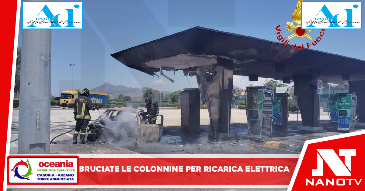 Auto in fiamme nell’area di servizio: bruciate le colonnine per la ricarica elettrica