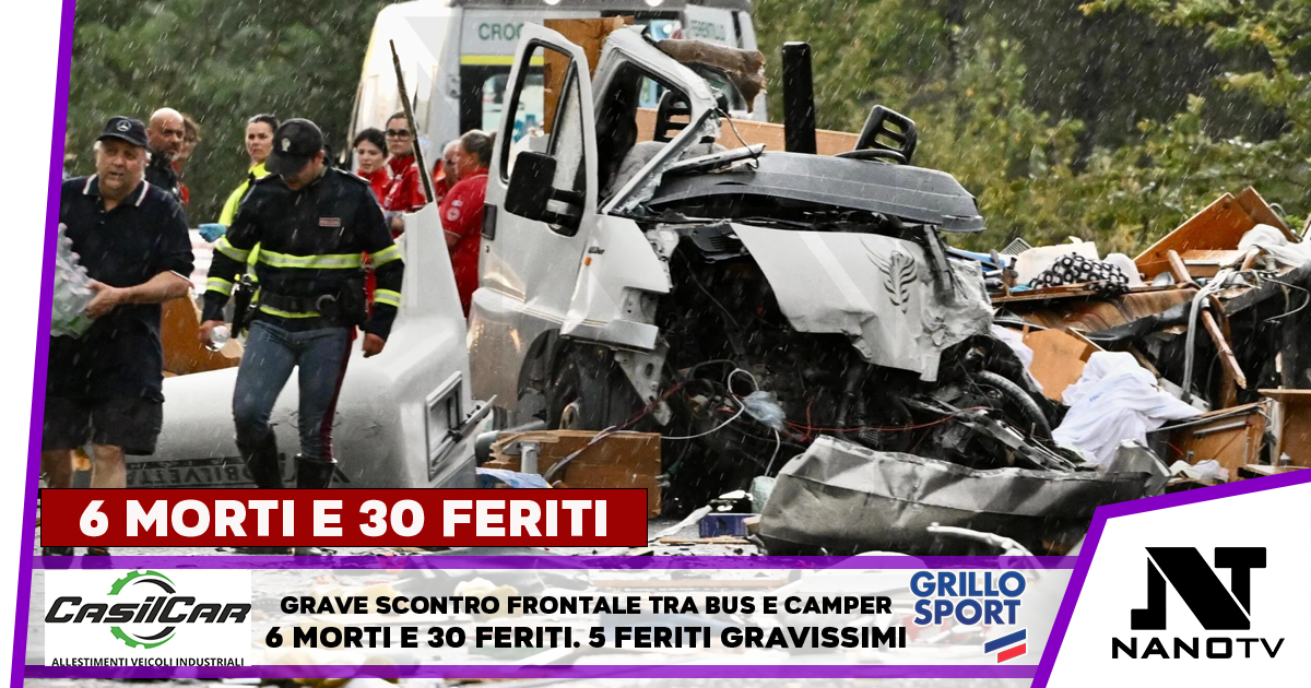 Gravissimo incidente 6 morti e 30 feriti: scontro bus – camper, coinvolte anche 3 auto.
